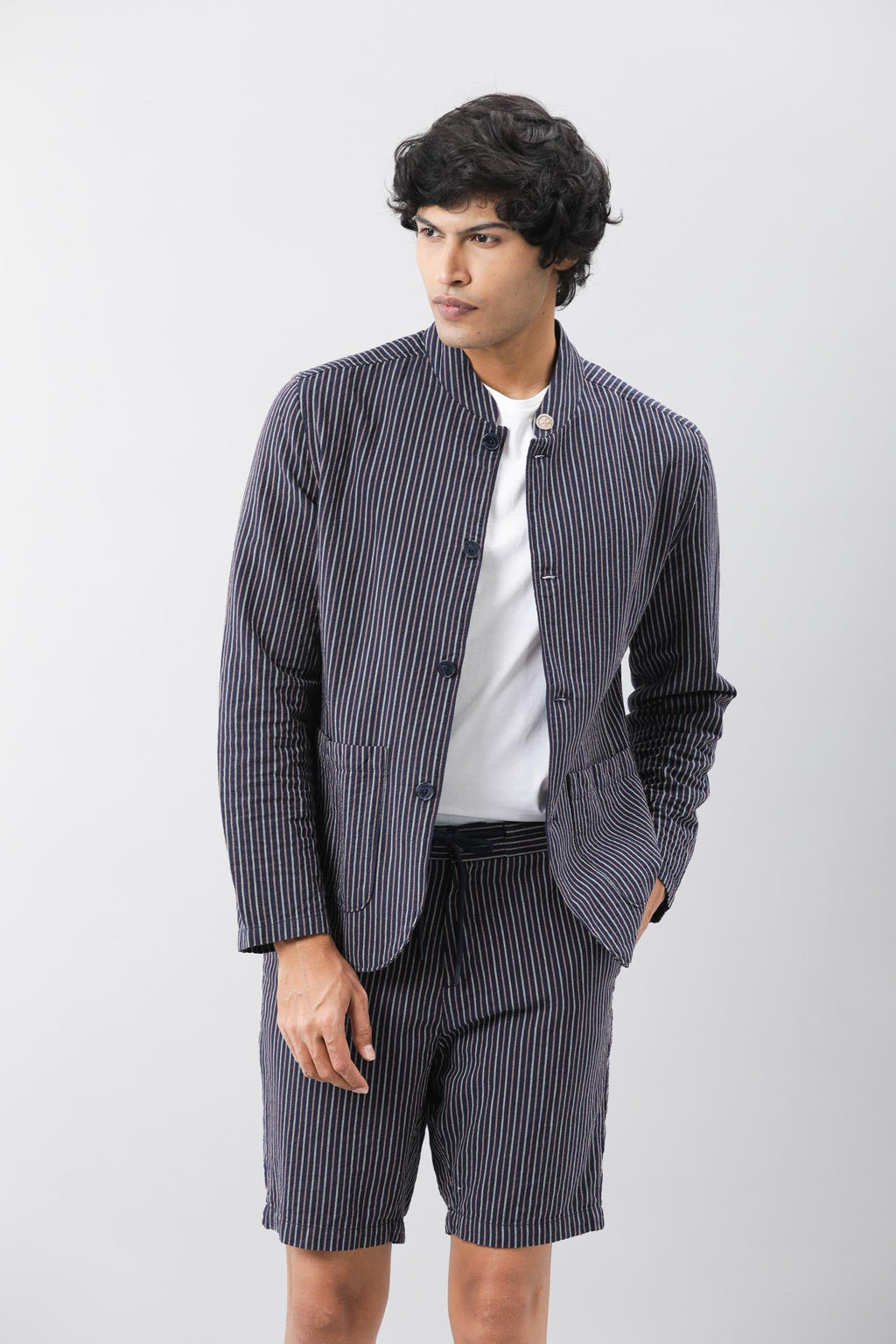 Rare Rabbit Men's Gazel Navy Viscose Striped Print Tailored Fit Full Sleeve Mandarin Collar Blazer