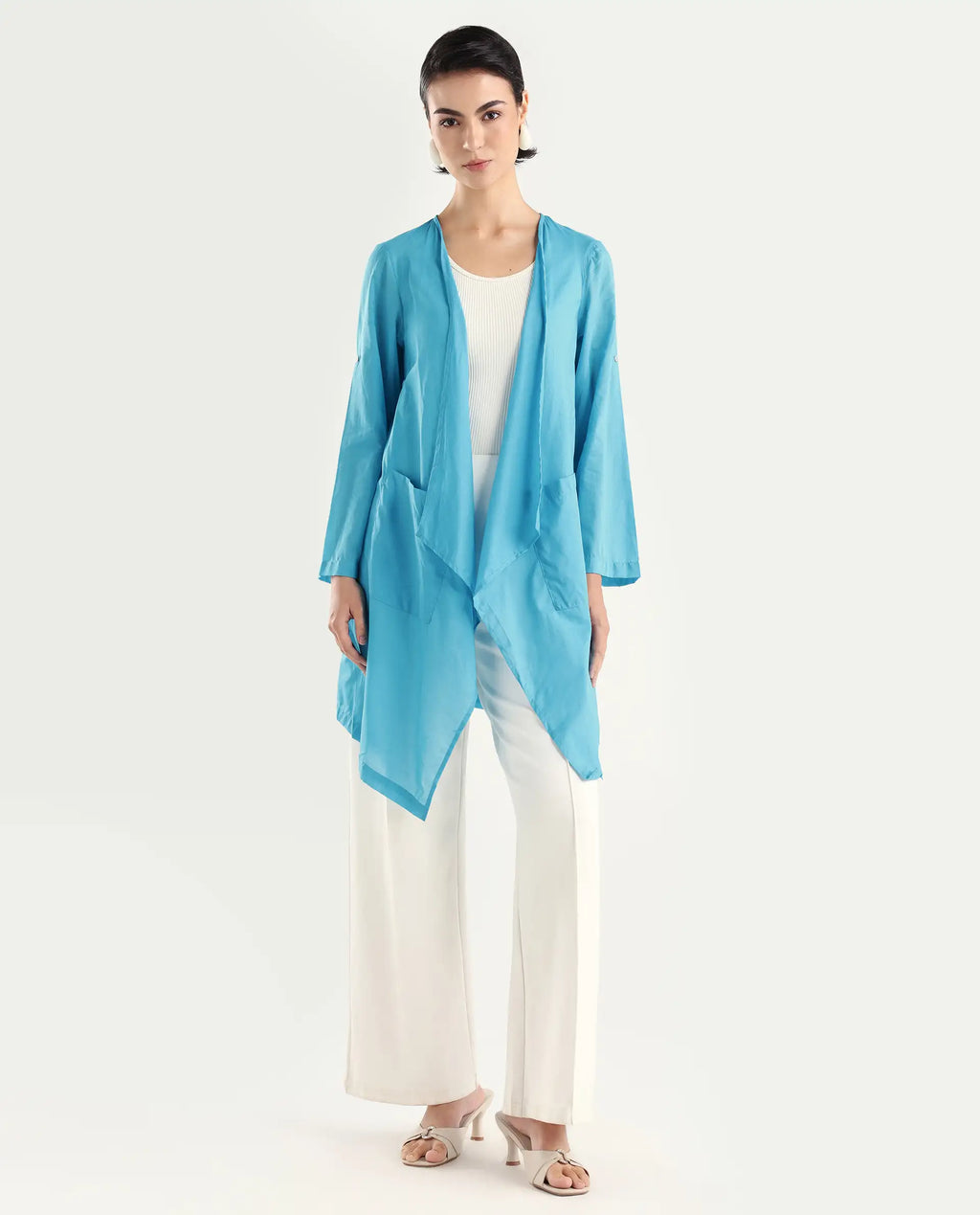 Rareism Women's Gazer Blue Cotton Collarless Regular Fit Outer Wear