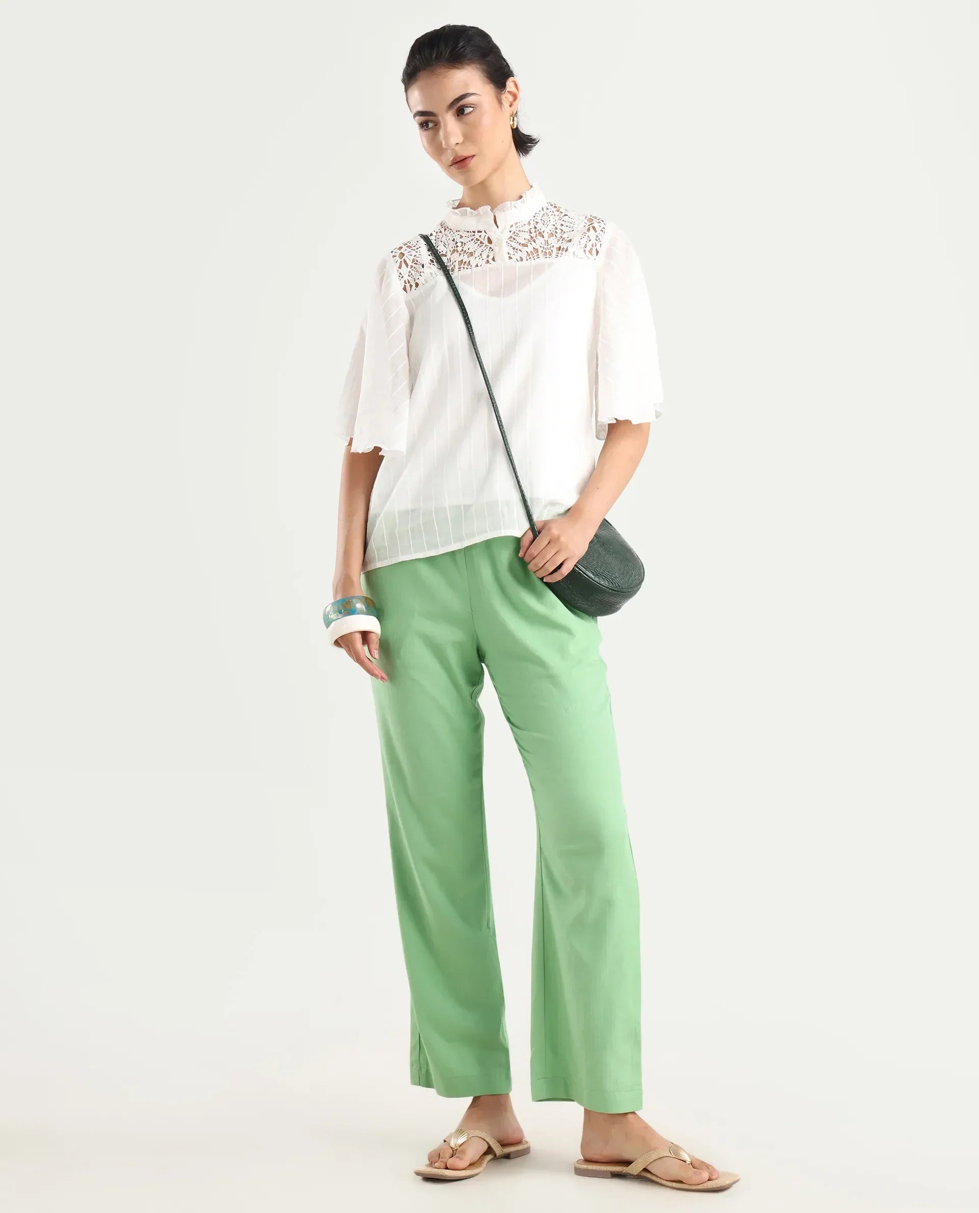 Rareism Women's Ged Green Cotton Abstract Print Ankle Length Straight Fit Trouser