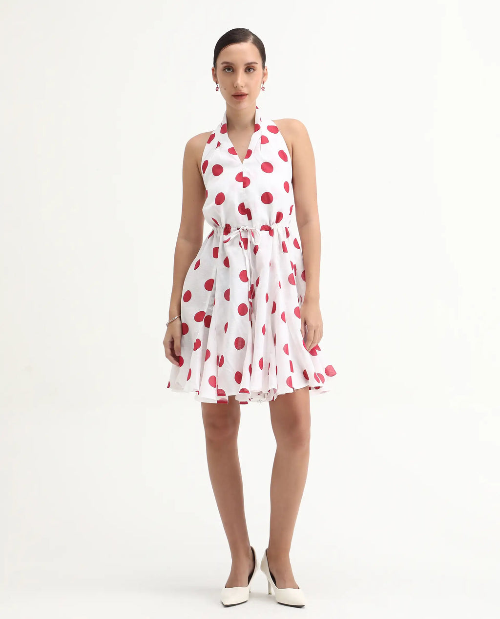 Rareism Women's Gela Red Linen Halter Neck Polka Print Sleeveless Mini Fit And Flare Dress