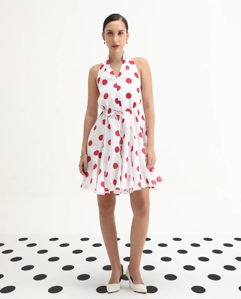 Rareism Women's Gela Red Linen Halter Neck Polka Print Sleeveless Mini Fit And Flare Dress