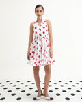 Rareism Women's Gela Red Linen Halter Neck Polka Print Sleeveless Mini Fit And Flare Dress