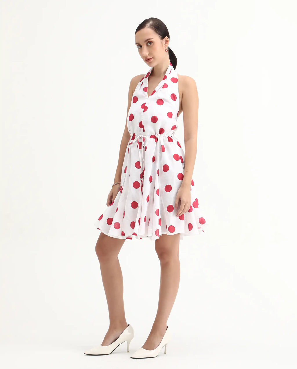 Rareism Women's Gela Red Linen Halter Neck Polka Print Sleeveless Mini Fit And Flare Dress