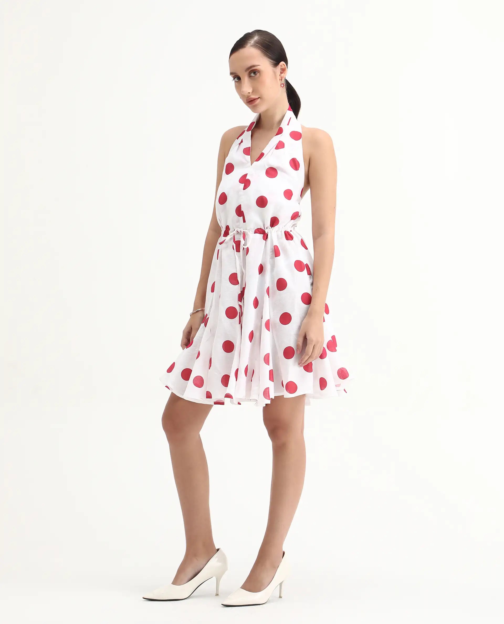 Rareism Women's Gela Red Linen Halter Neck Polka Print Sleeveless Mini Fit And Flare Dress
