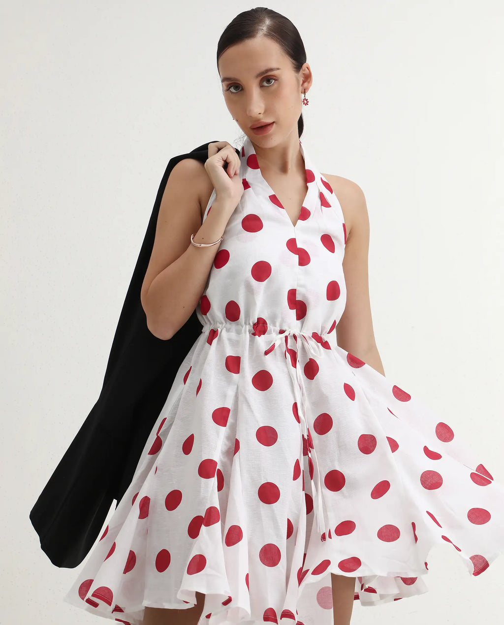 Rareism Women's Gela Red Linen Halter Neck Polka Print Sleeveless Mini Fit And Flare Dress