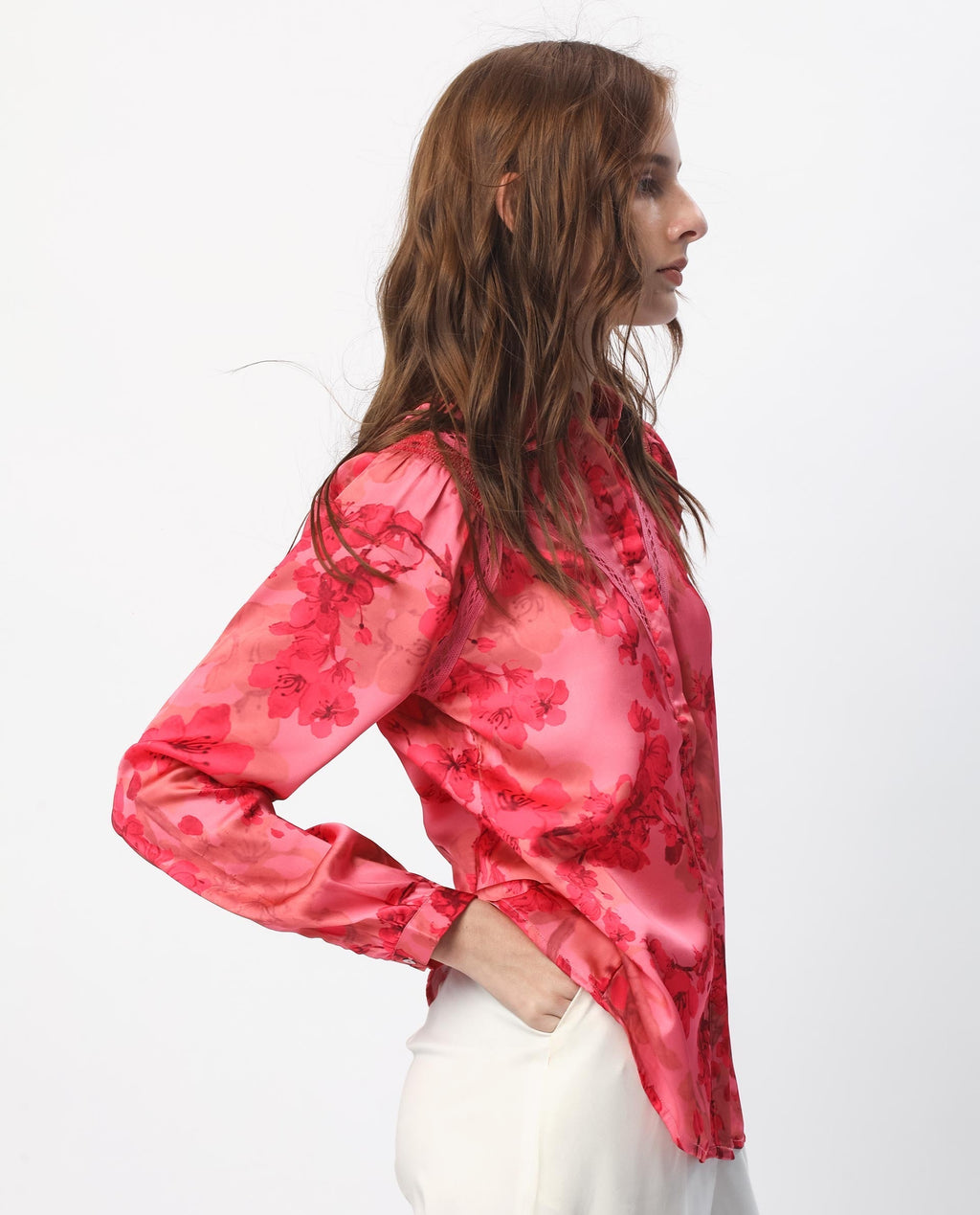 Rareism Women's Gelbs Pink Polyester Mandarin Collar Floral Print Knee Length Regular Fit Top