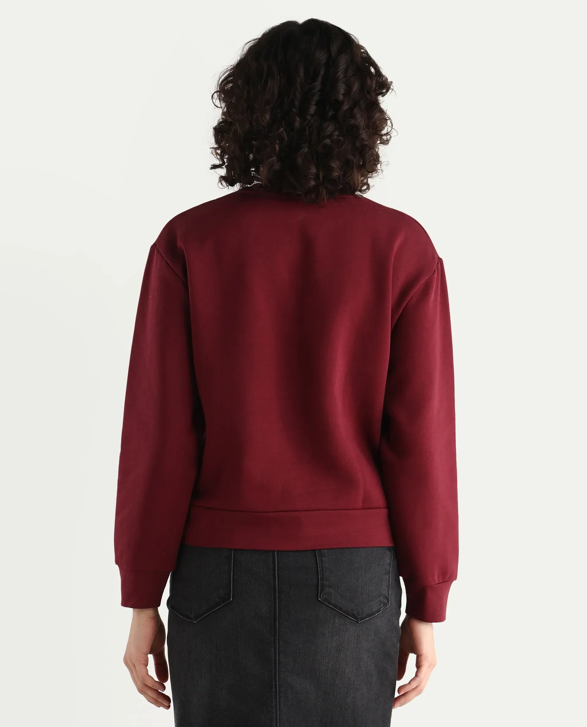 Rareism Women's Geldia Maroon Cotton Blend Crew Neck Graphic Print Relaxed Fit Sweatshirt