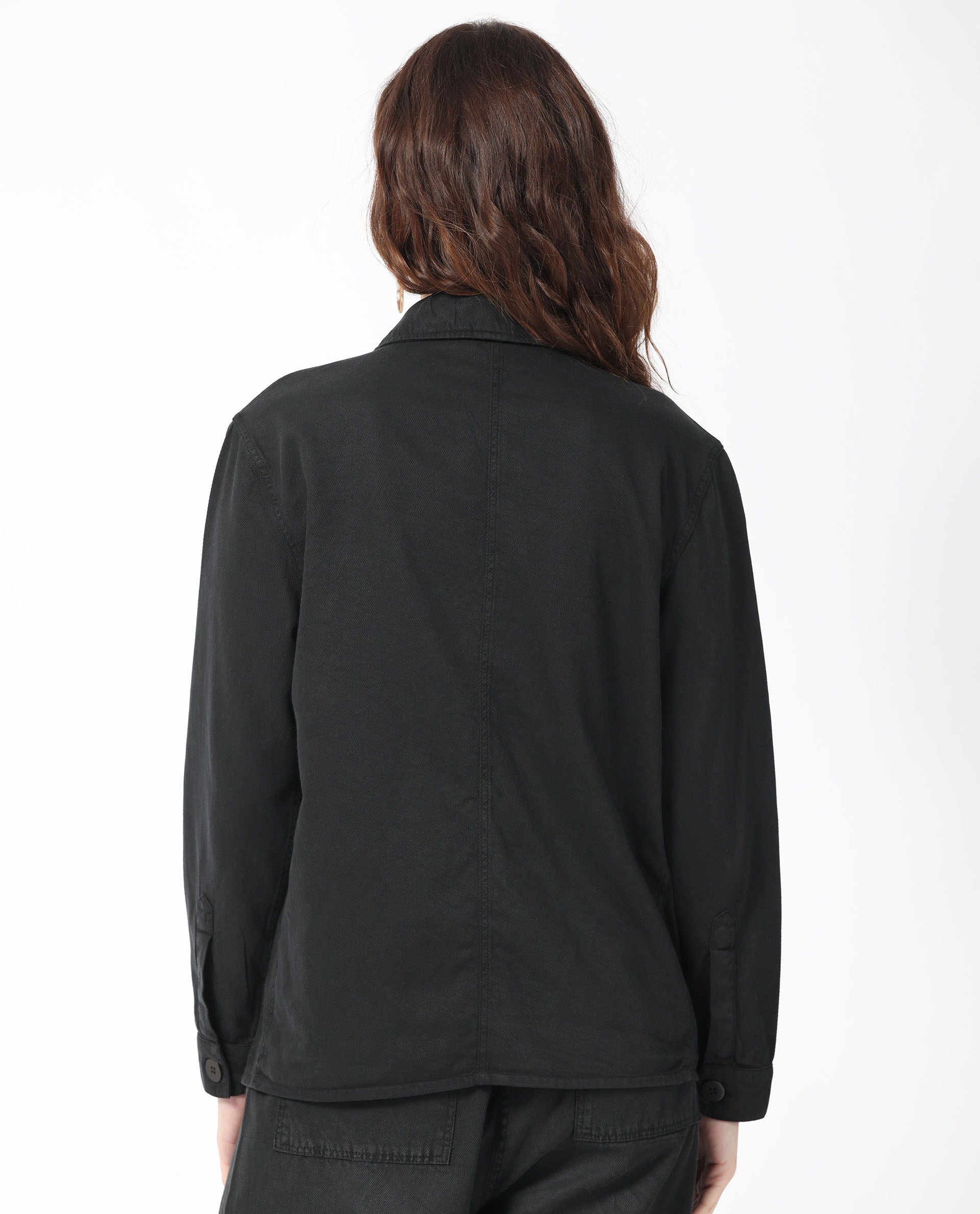 Rareism Women's Genesis Black Tencel Spread Collar Plain Regular Fit Jacket