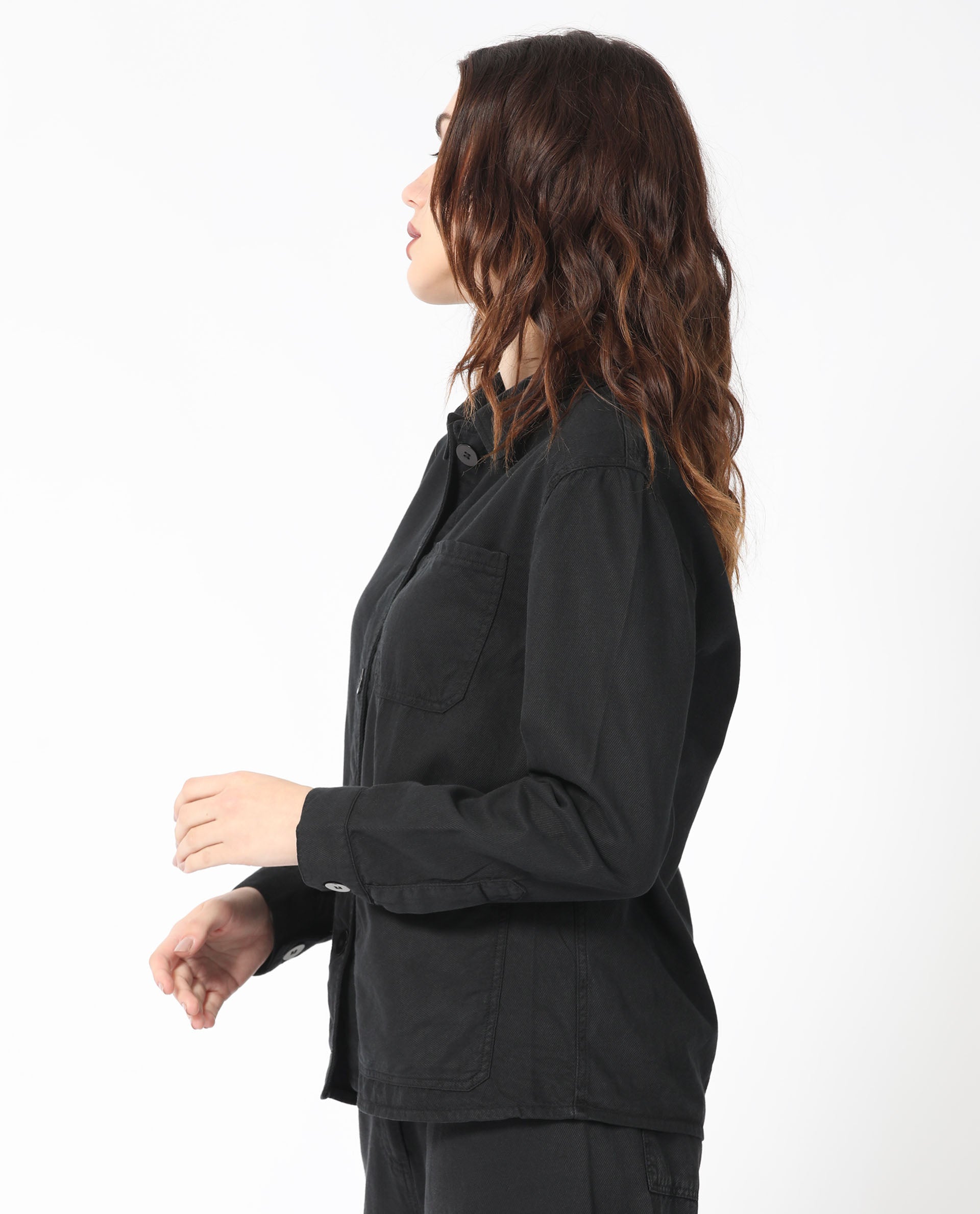 Rareism Women's Genesis Black Tencel Spread Collar Plain Regular Fit Jacket