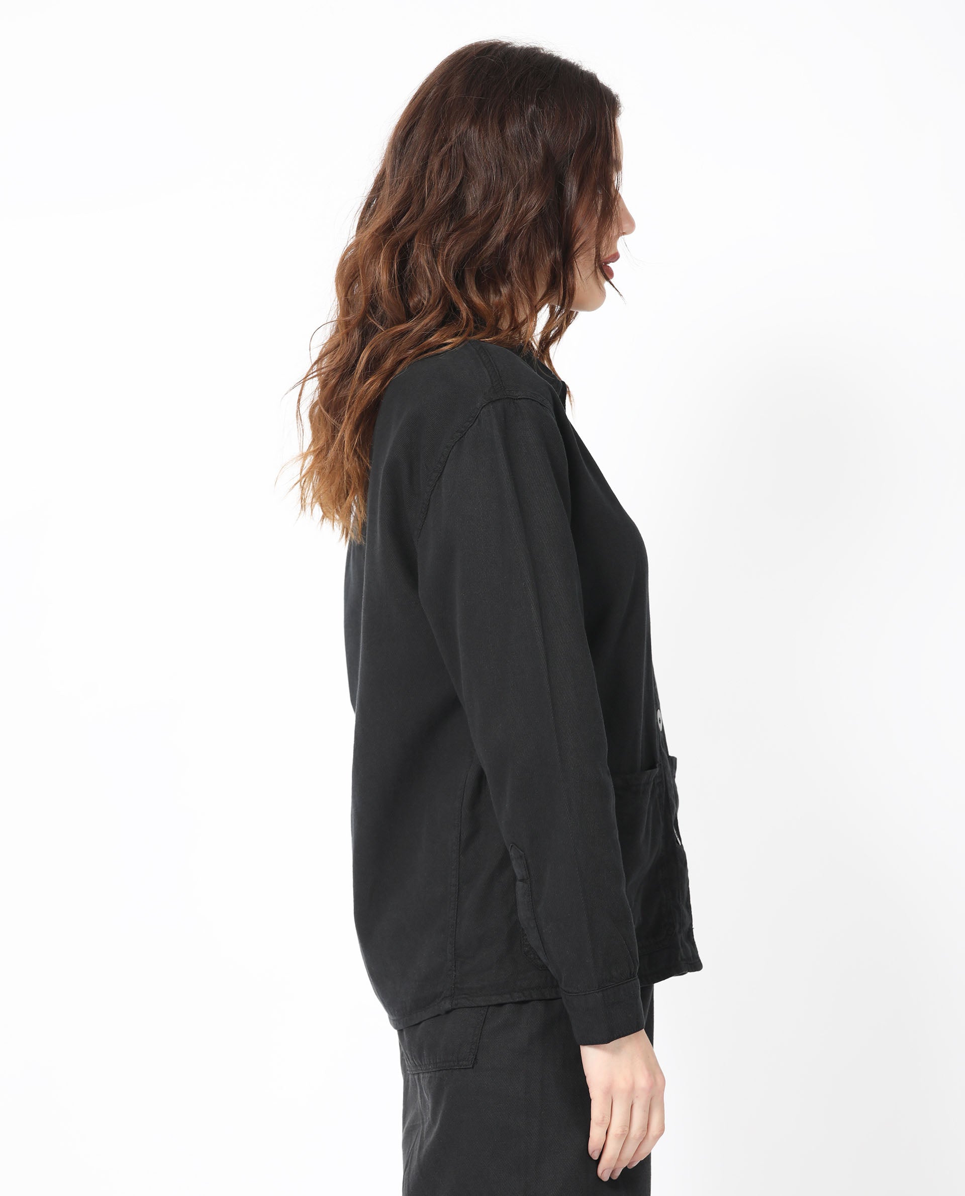 Rareism Women's Genesis Black Tencel Spread Collar Plain Regular Fit Jacket