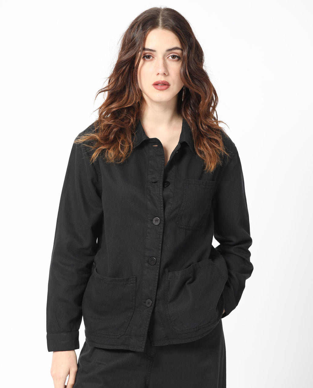 Rareism Women's Genesis Black Tencel Spread Collar Plain Regular Fit Jacket
