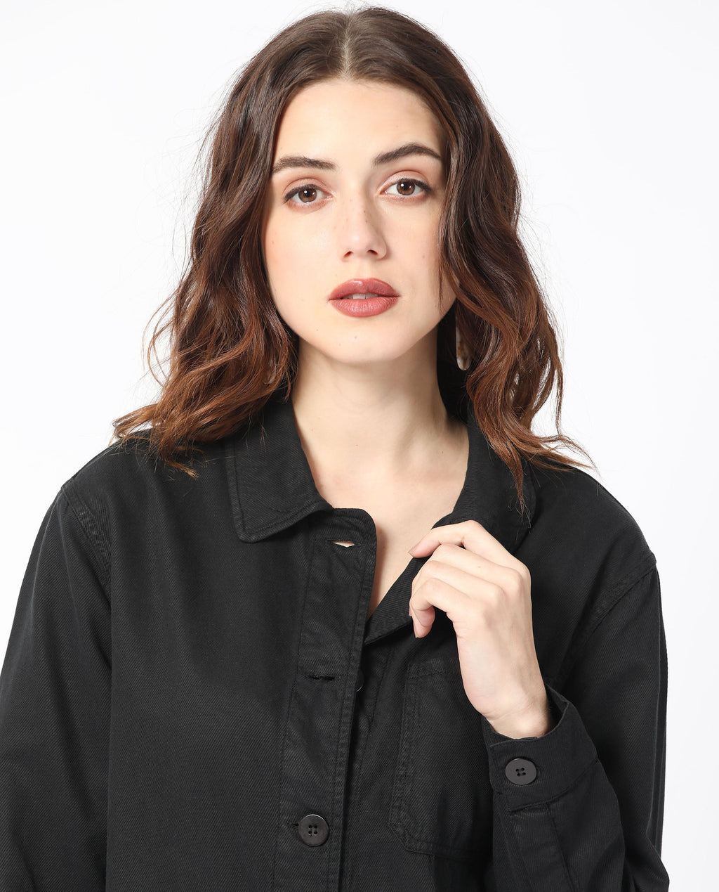 Rareism Women's Genesis Black Tencel Spread Collar Plain Regular Fit Jacket