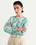 Rareism Women's Geonao Green Nylon Blend Crew Neck Geometric Print Bishop Sleeve Crop Regular Fit Top