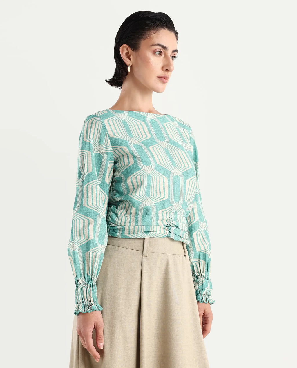 Rareism Women's Geonao Green Nylon Blend Crew Neck Geometric Print Bishop Sleeve Crop Regular Fit Top