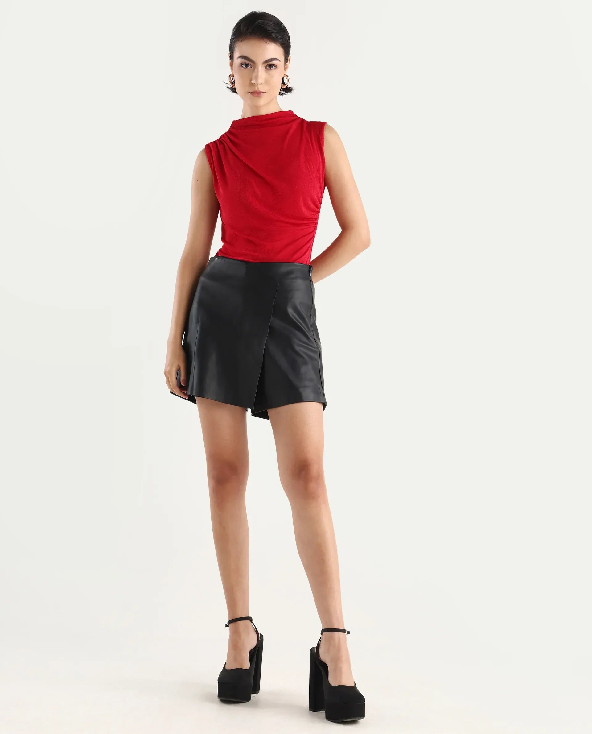 Rareism Women's Gerro Black Polyester Plain Mini Regular Fit Skirt