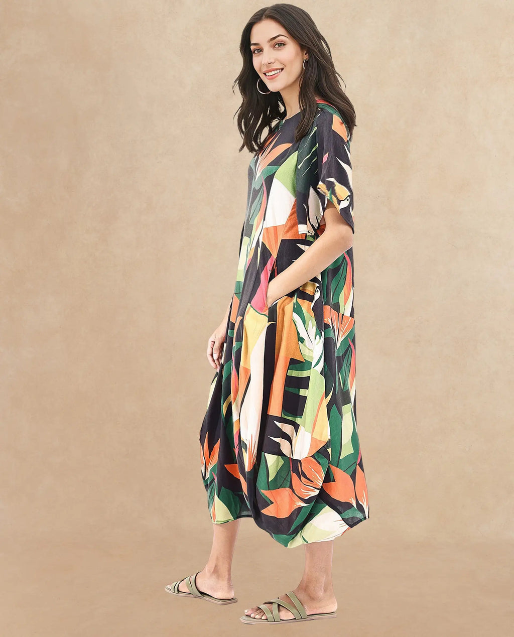 Rareism Women's Gesto Multi Viscose Blend V-Neck Abstract Print Midi Balloon Dress