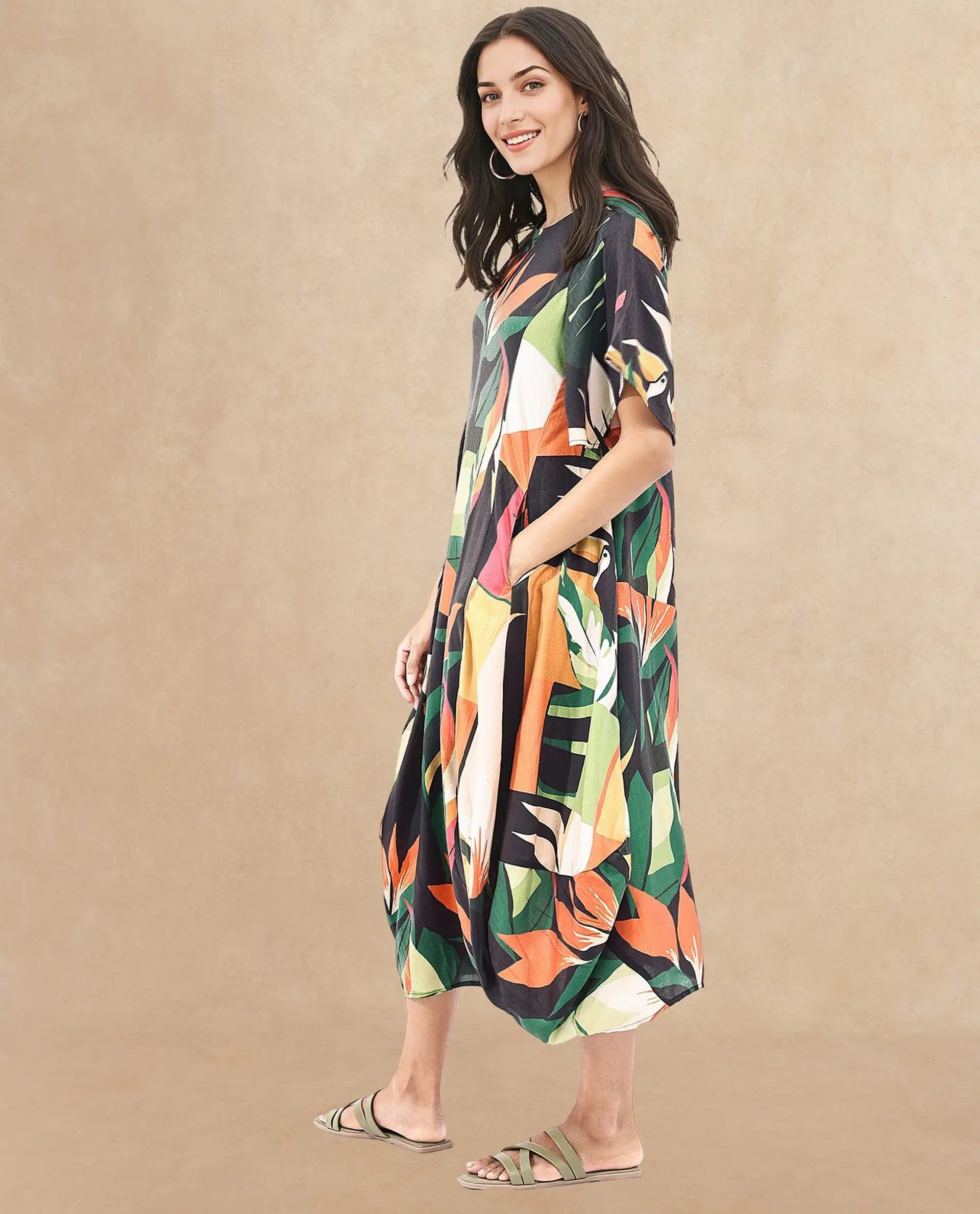 Rareism Women's Gesto Multi Viscose Blend V-Neck Abstract Print Midi Balloon Dress