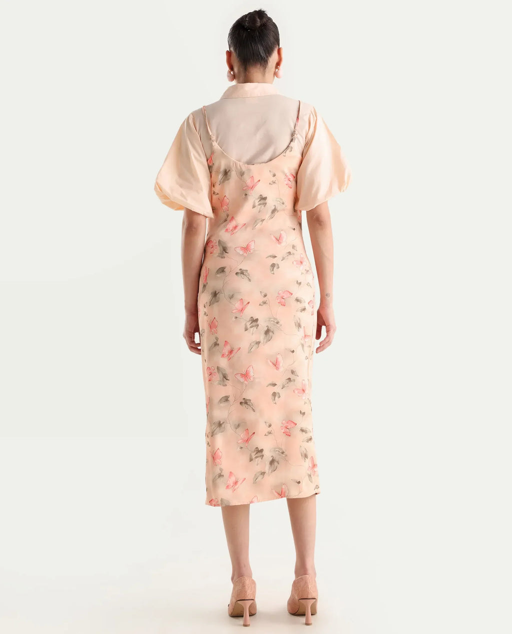 Rareism Women's Gha Beige Cotton Spread Collar Object Print Cuffed Sleeve Midi Straight Fit Dress