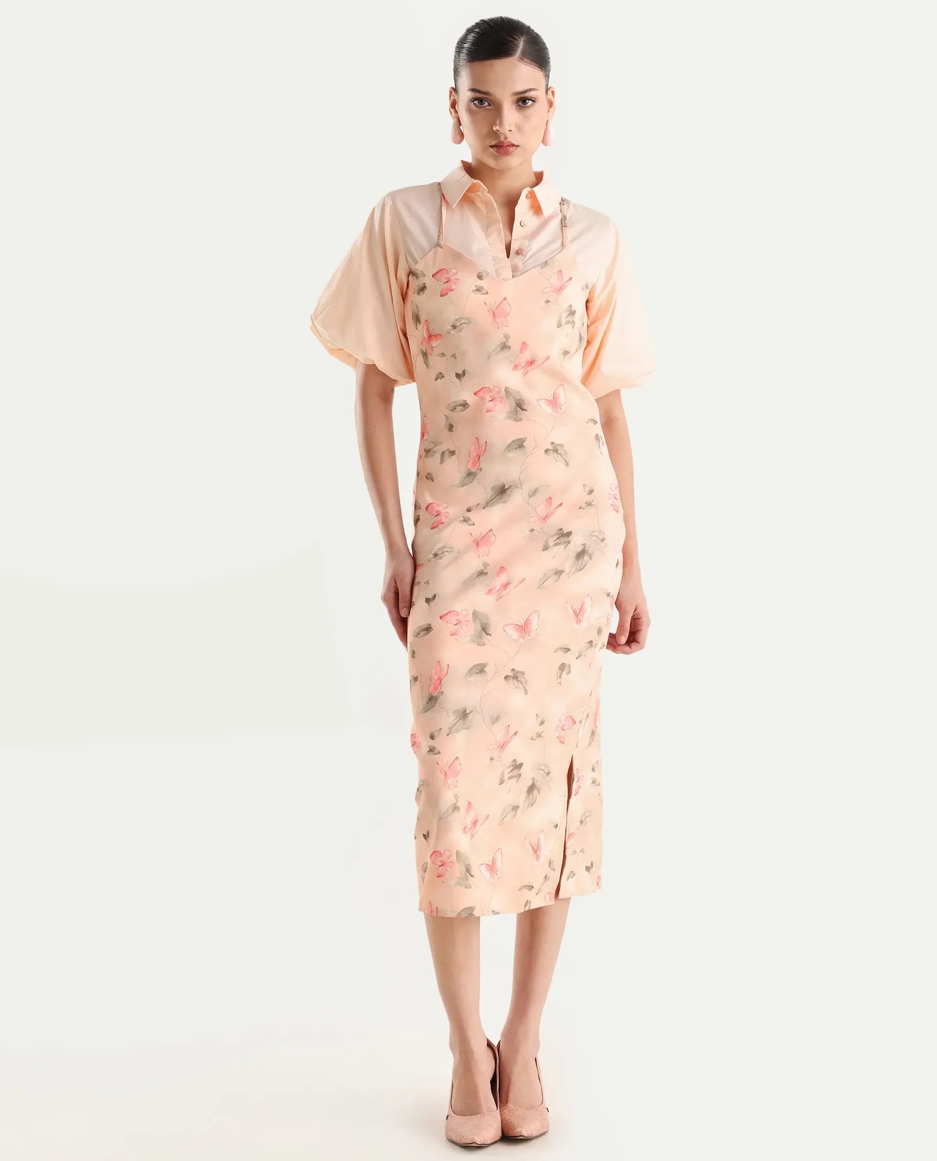 Rareism Women's Gha Beige Cotton Spread Collar Object Print Cuffed Sleeve Midi Straight Fit Dress