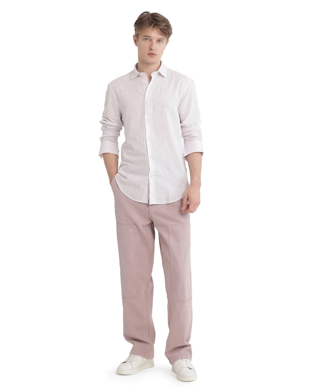 Rare Rabbit Men's Gico Pastel Pink Cotton Plain Regular Fit Full Sleeve Collared Shirt