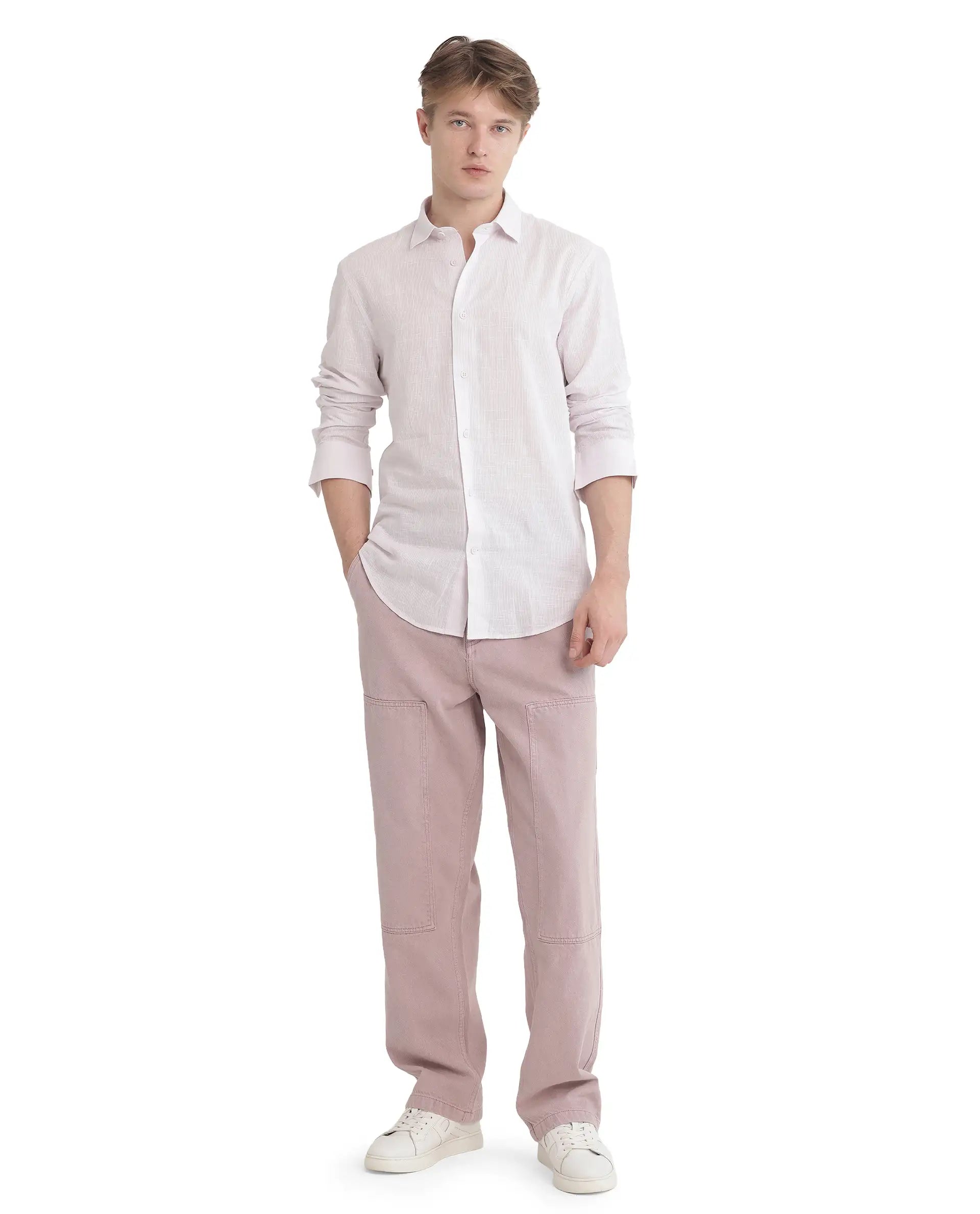 Rare Rabbit Men's Gico Pastel Pink Cotton Plain Regular Fit Full Sleeve Collared Shirt