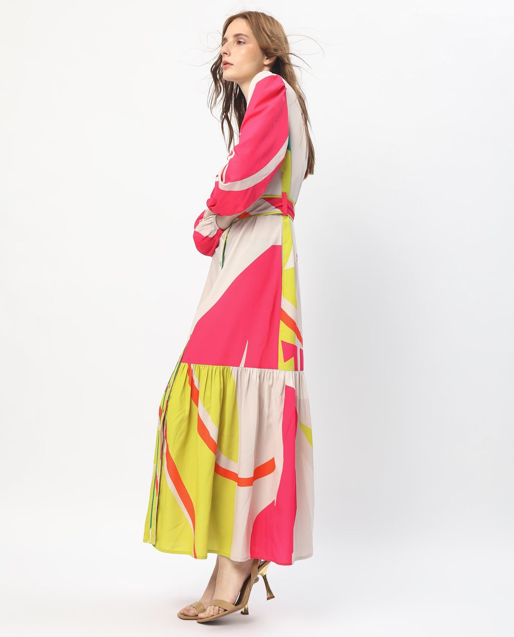 Rareism Women's Gini Light Beige Polyester V-Neck Abstract Print Balloon Sleeve Maxi Regular Fit Dress