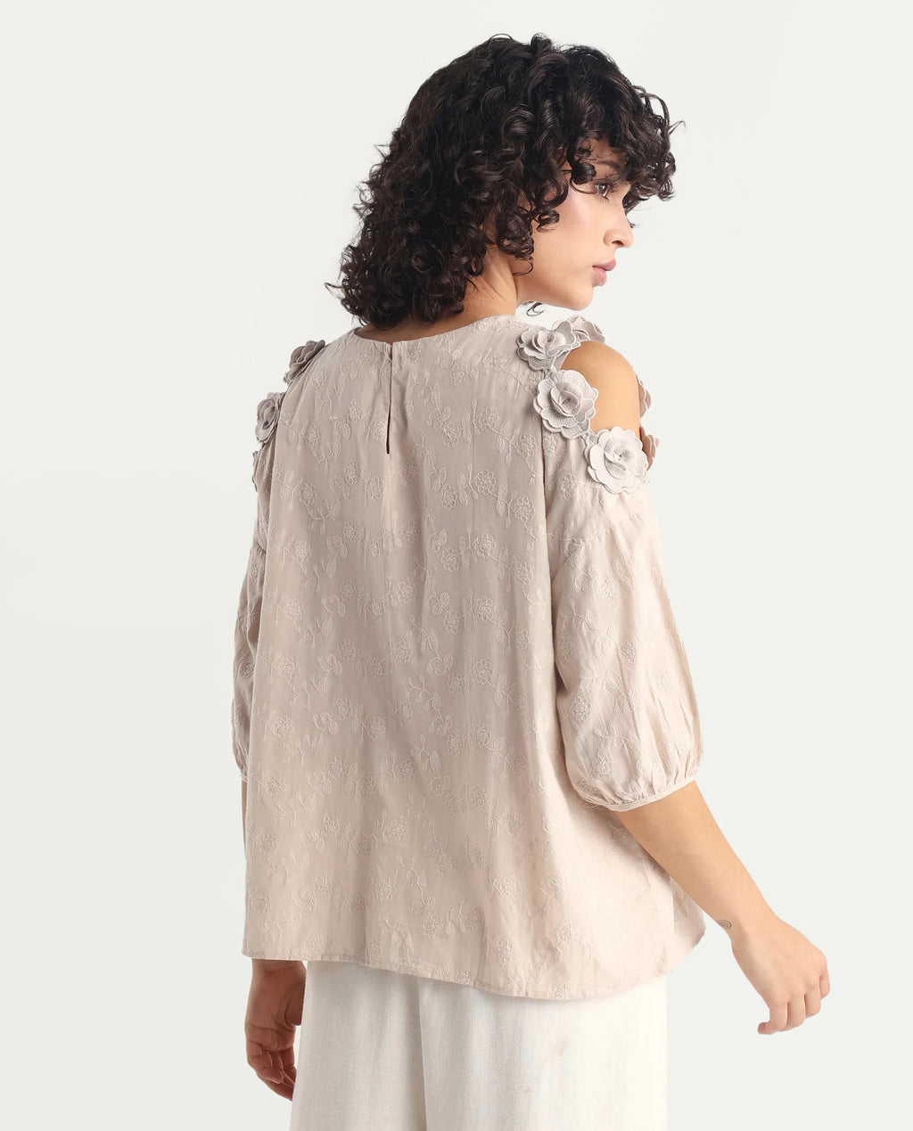 Rareism Women's Gips Beige Cotton Crew Neck Plain Balloon Sleeve Relaxed Fit Top