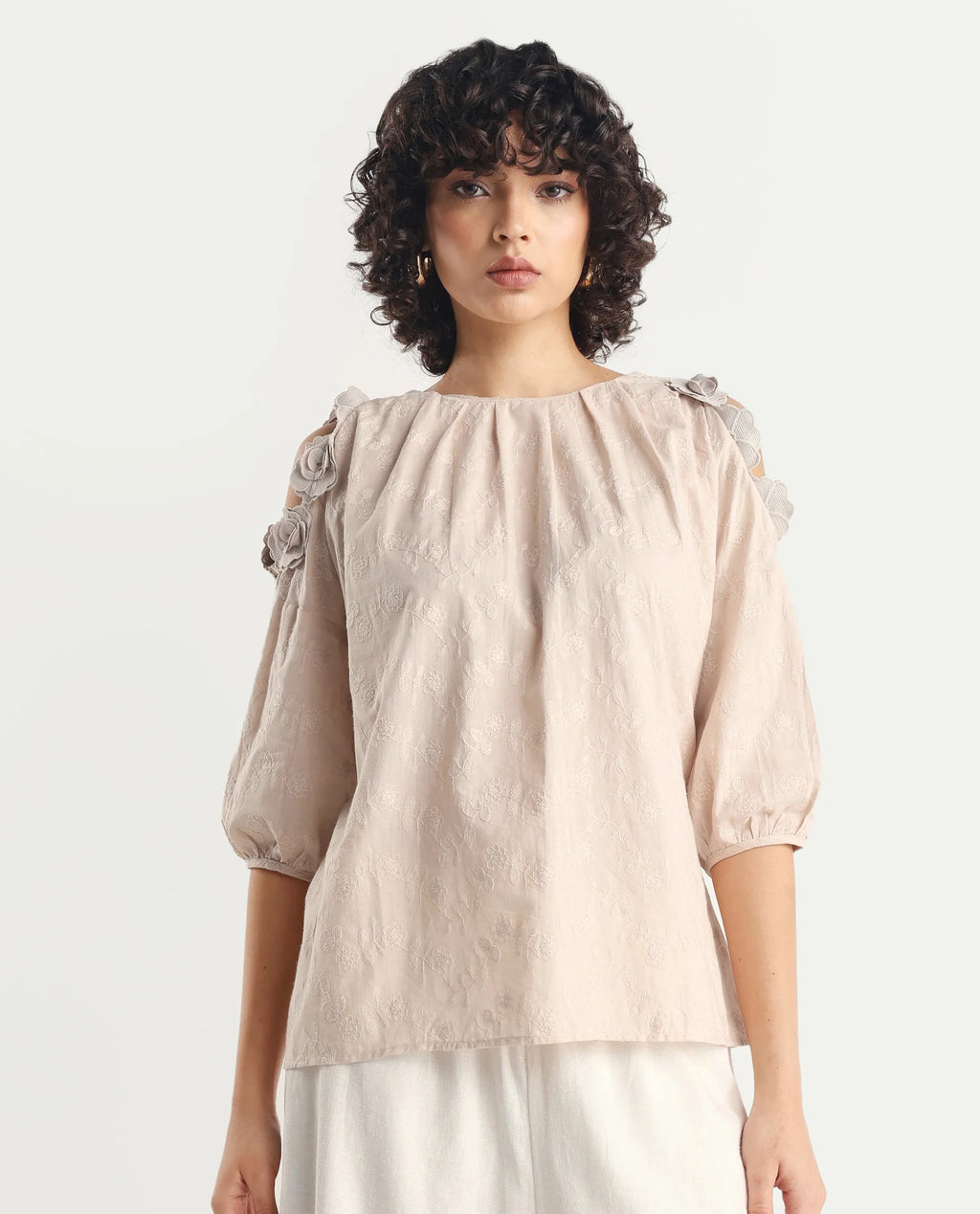 Rareism Women's Gips Beige Cotton Crew Neck Plain Balloon Sleeve Relaxed Fit Top