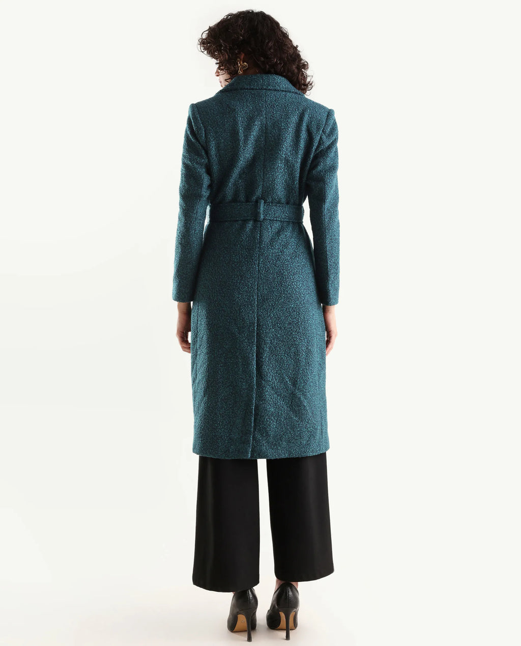 Rareism Women's Gisbor Teal Cotton Blend Lapel Neck Plain Midi Regular Fit Jacket