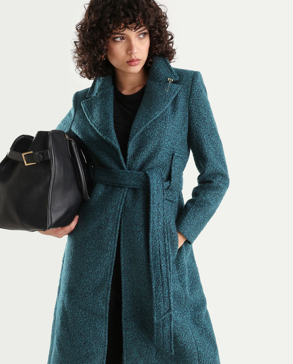 Rareism Women's Gisbor Teal Cotton Blend Lapel Neck Plain Midi Regular Fit Jacket