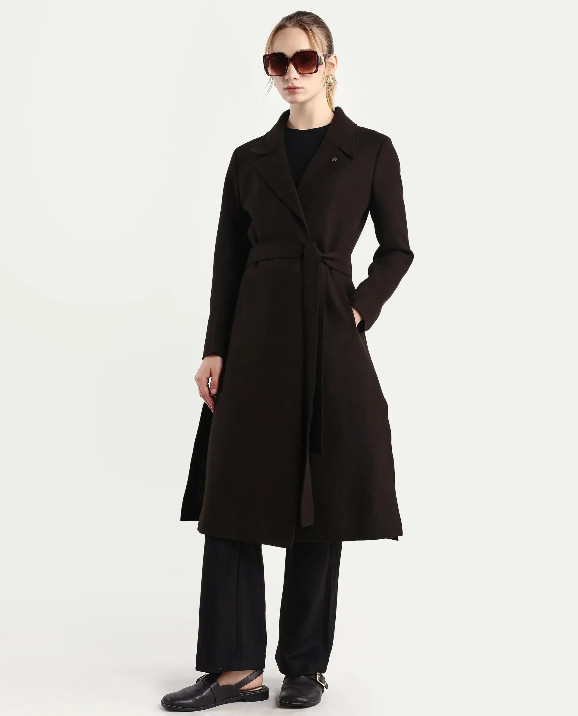 Rareism Women's Gisbory Olive Polyester Blend Lapel Collar Coat Plain Coat