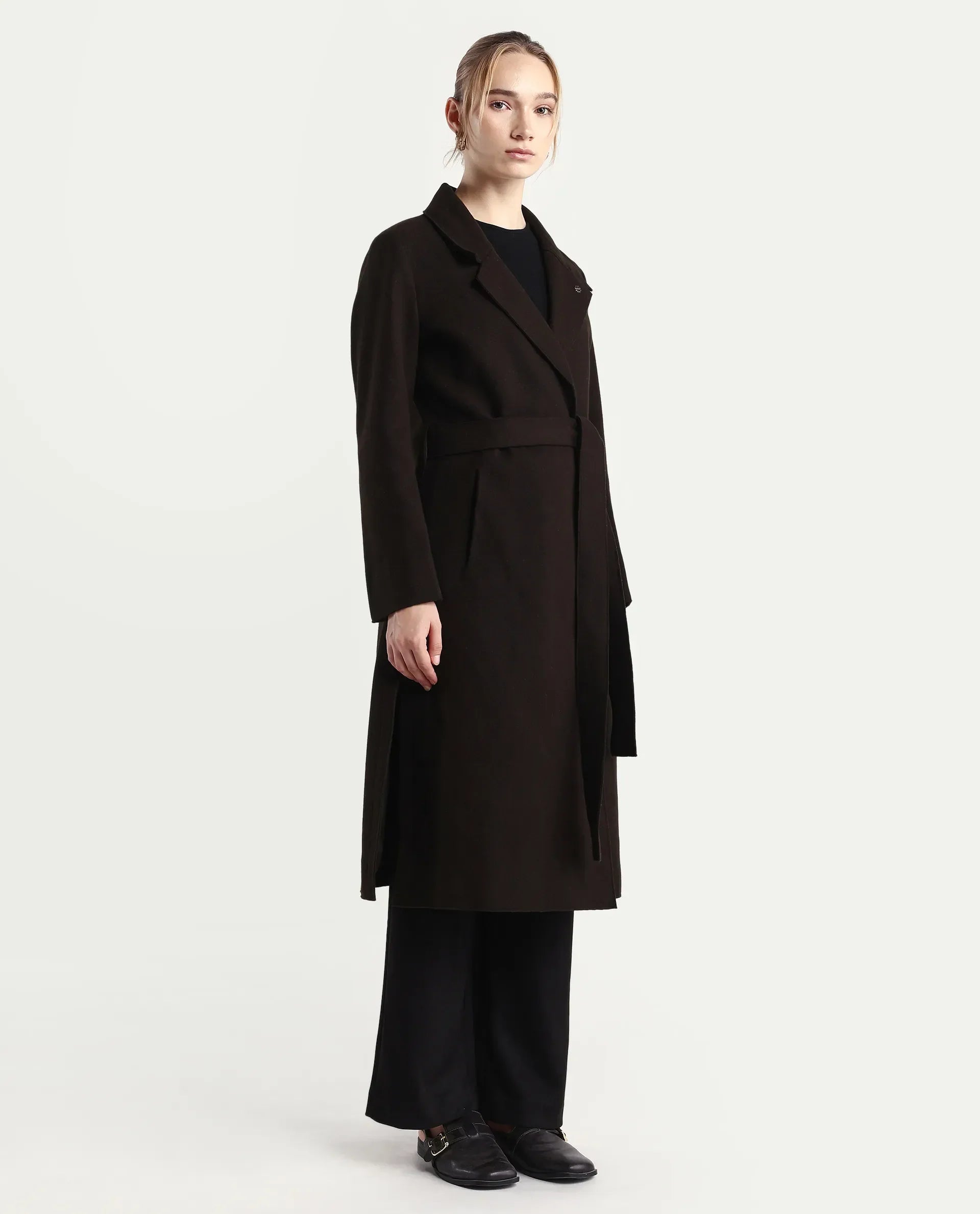 Rareism Women's Gisbory Olive Polyester Blend Lapel Collar Coat Plain Coat
