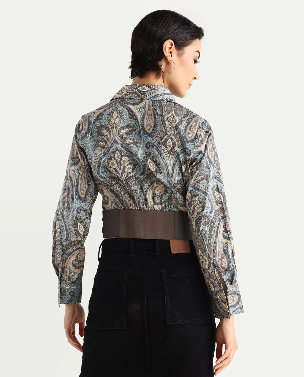 Rareism Women's Gister Multi Cotton Drop Collar Paisley Print Cuffed Sleeve Crop Regular Fit Shirt