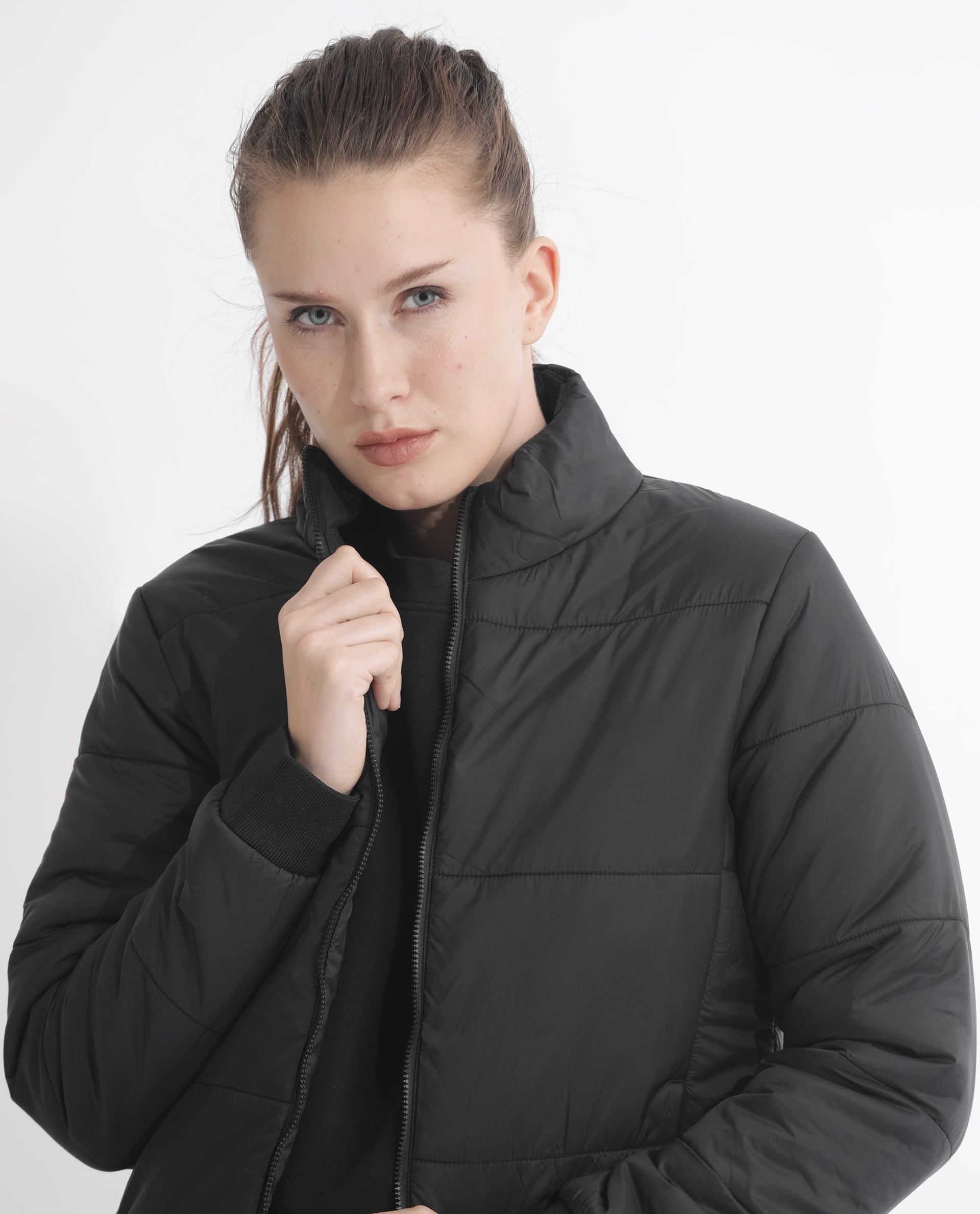 Rareism Women's Glasha Ls Black Polyester High Neck Plain Regular Fit Jacket