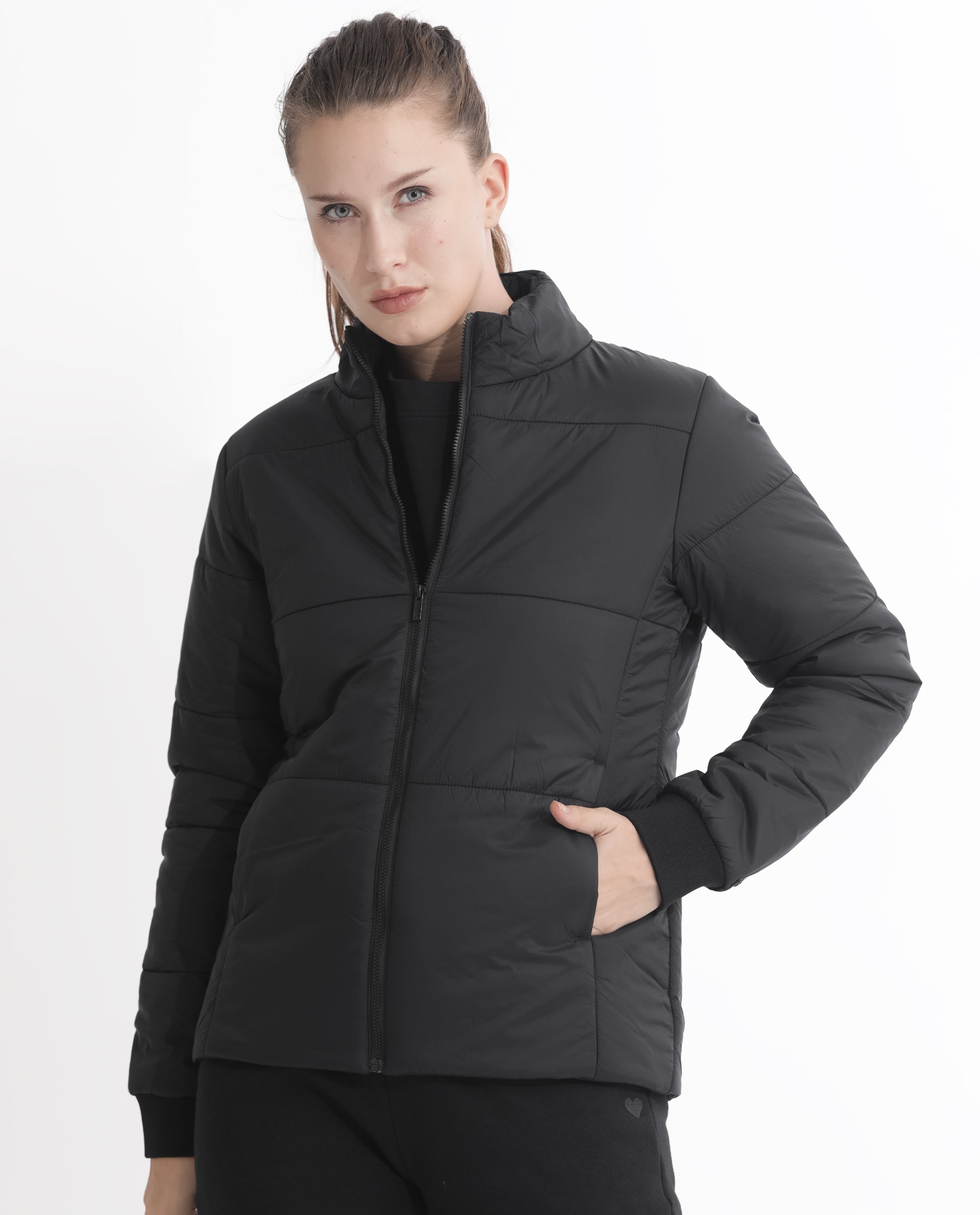 Rareism Women's Glasha Ls Black Polyester High Neck Plain Regular Fit Jacket