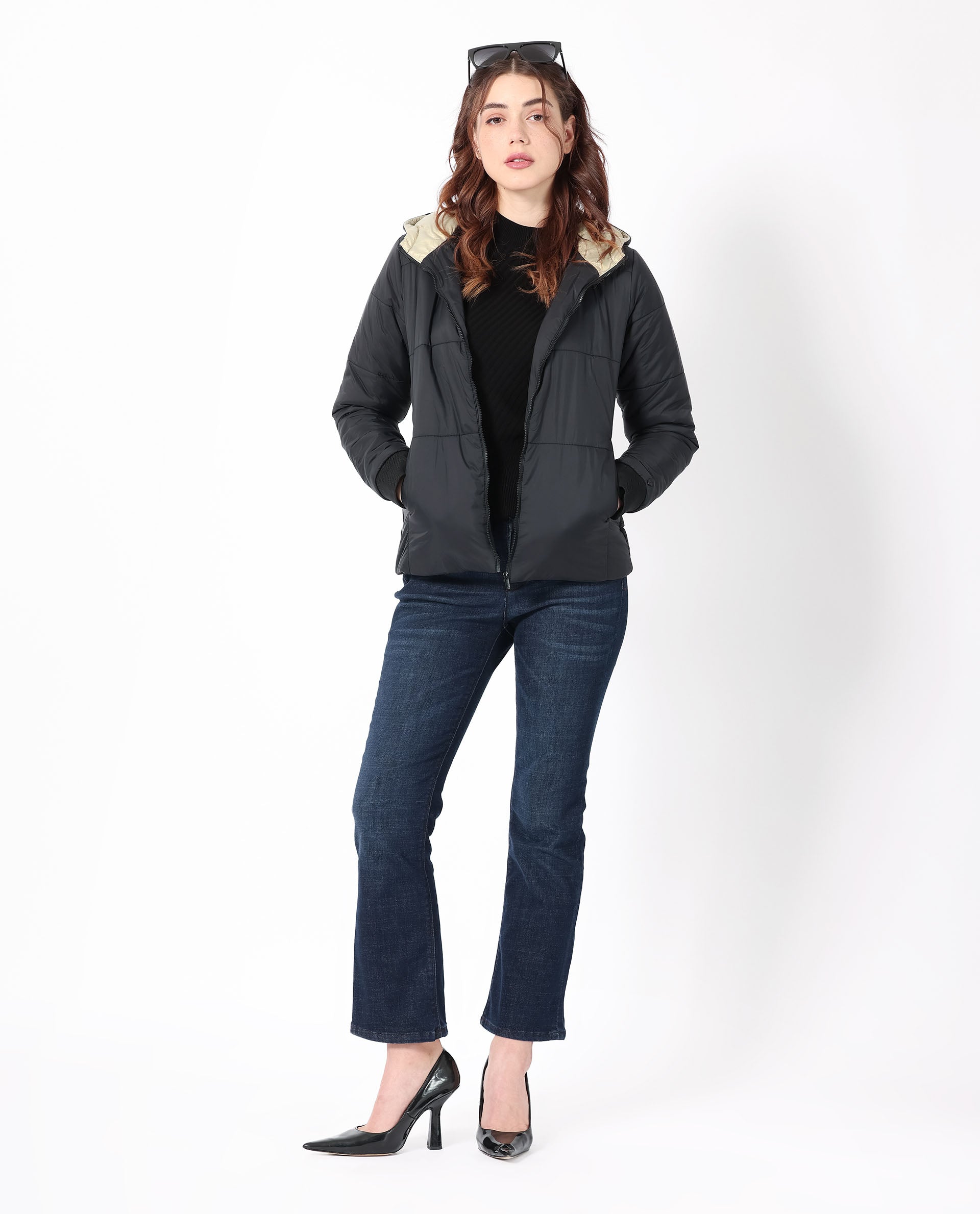 Rareism Women's Glasha Hls Black Polyester Hooded Plain Regular Fit Jacket