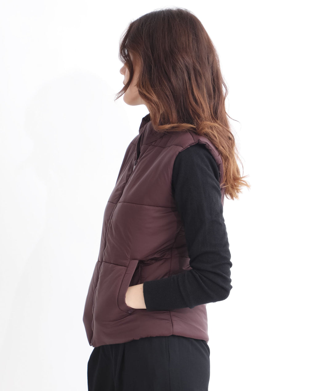 Rareism Women's Glasha Sl Maroon Polyester High Neck Plain Sleeveless Regular Fit Jacket