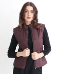 Rareism Women's Glasha Sl Maroon Polyester High Neck Plain Sleeveless Regular Fit Jacket