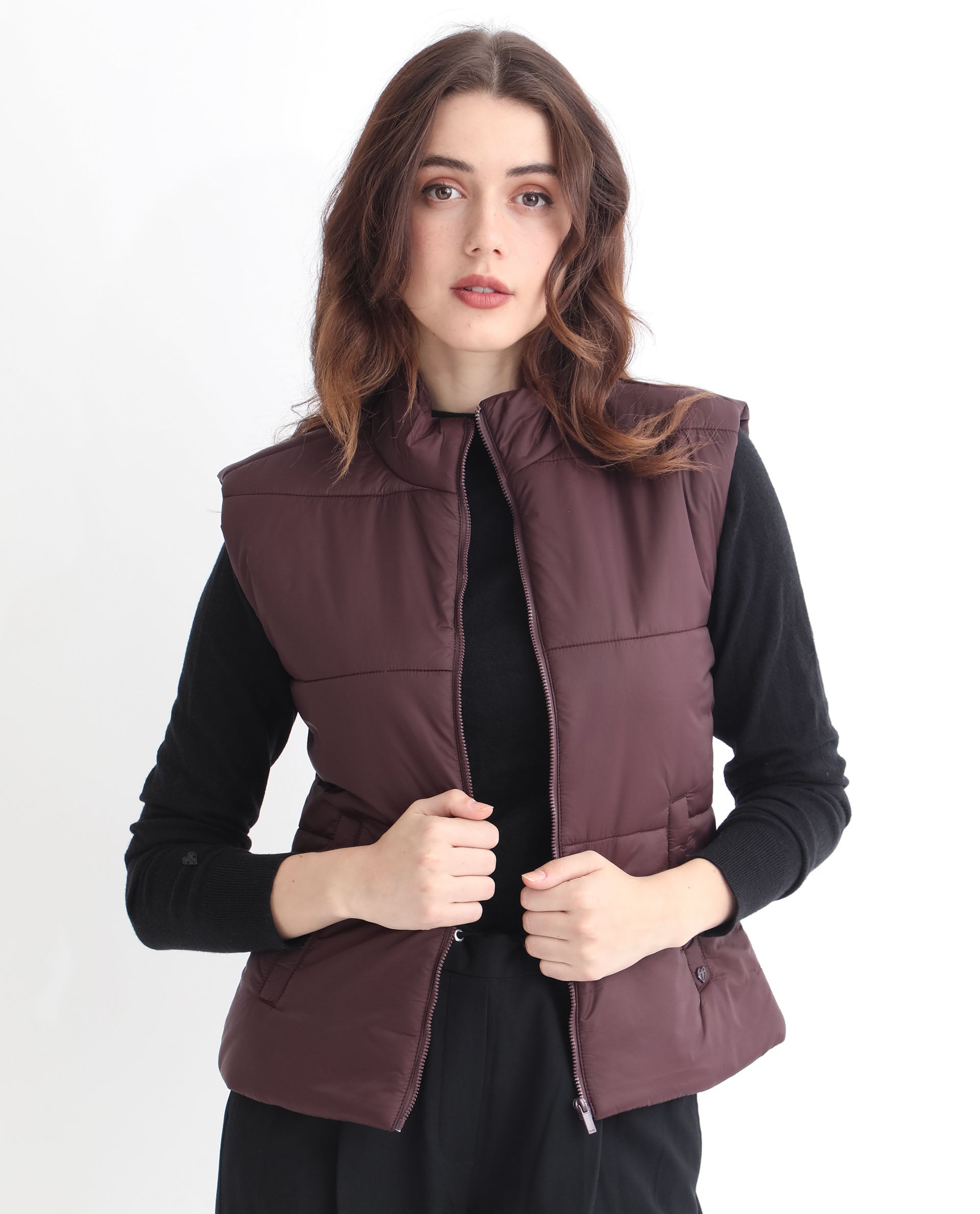 Rareism Women's Glasha Sl Maroon Polyester High Neck Plain Sleeveless Regular Fit Jacket