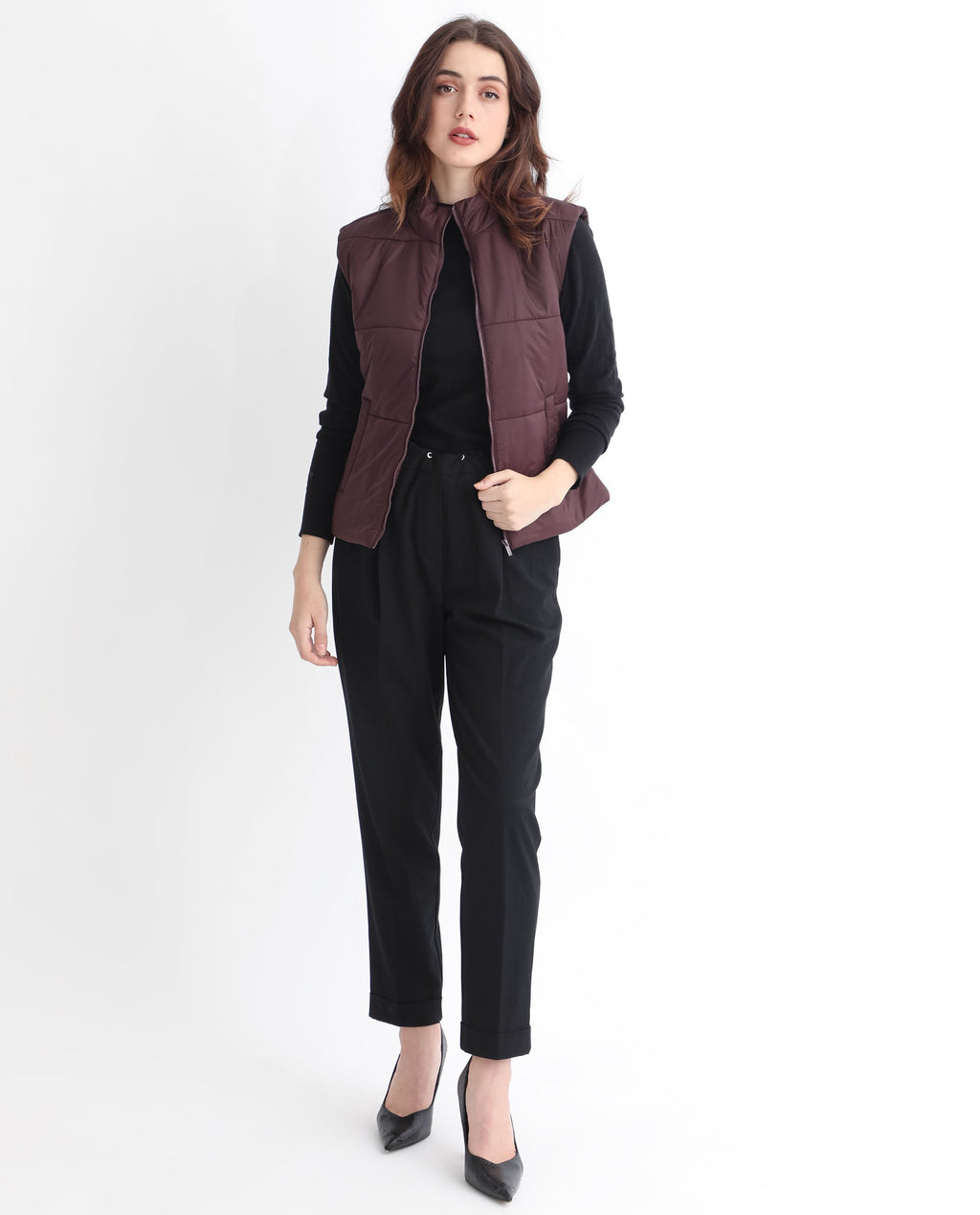 Rareism Women's Glasha Sl Maroon Polyester High Neck Plain Sleeveless Regular Fit Jacket