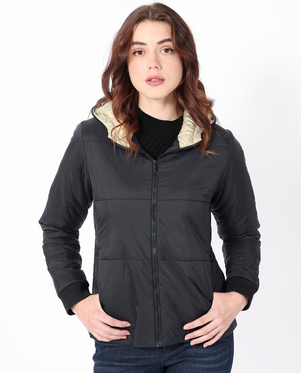 Rareism Women's Glasha Hls Black Polyester Hooded Plain Regular Fit Jacket