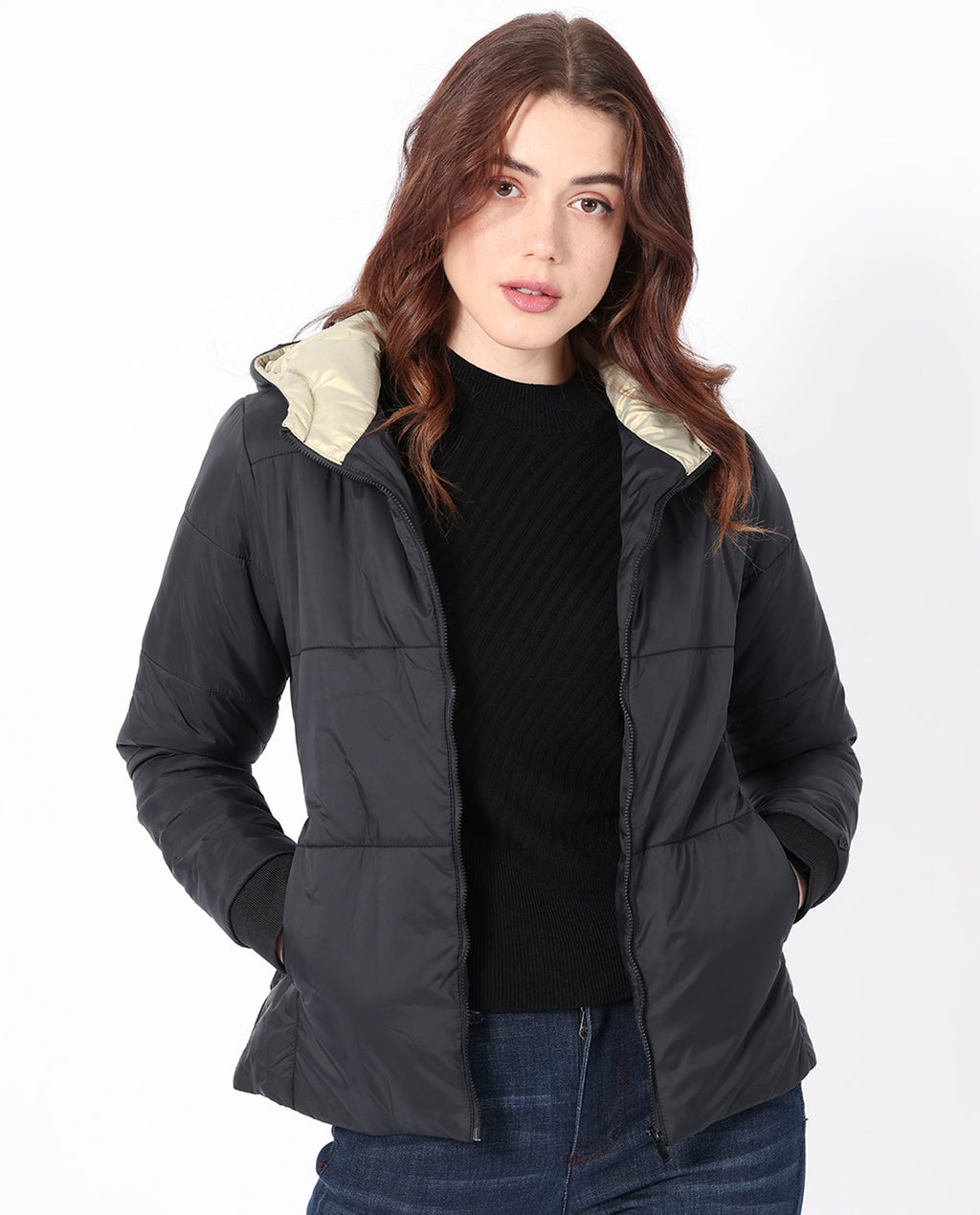 Rareism Women's Glasha Hls Black Polyester Hooded Plain Regular Fit Jacket