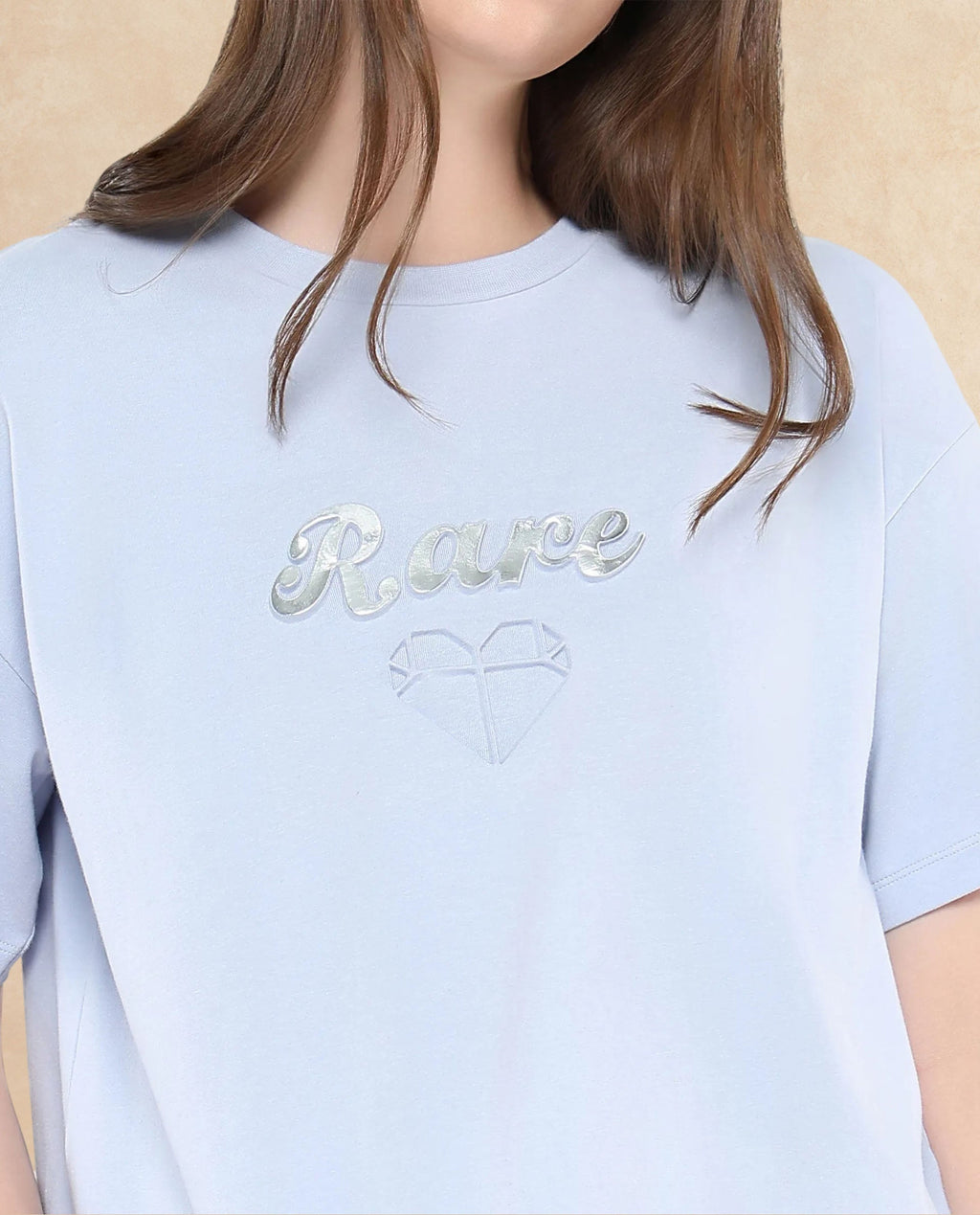 Rareism Women's Glimp Light Blue Cotton Blend Crew Neck Graphic Print Relaxed Fit T-Shirt