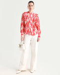 Rareism Women's Goku Pink Mandarin Collar Printed Knee Length Regular Fit Top