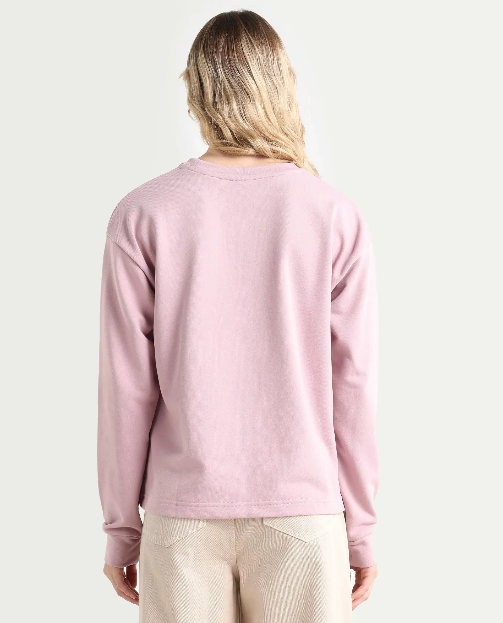 Rareism Women's Goldberg Dusky Pink Polyester Blend Crew Neck Embroidered Regular Fit Sweatshirt