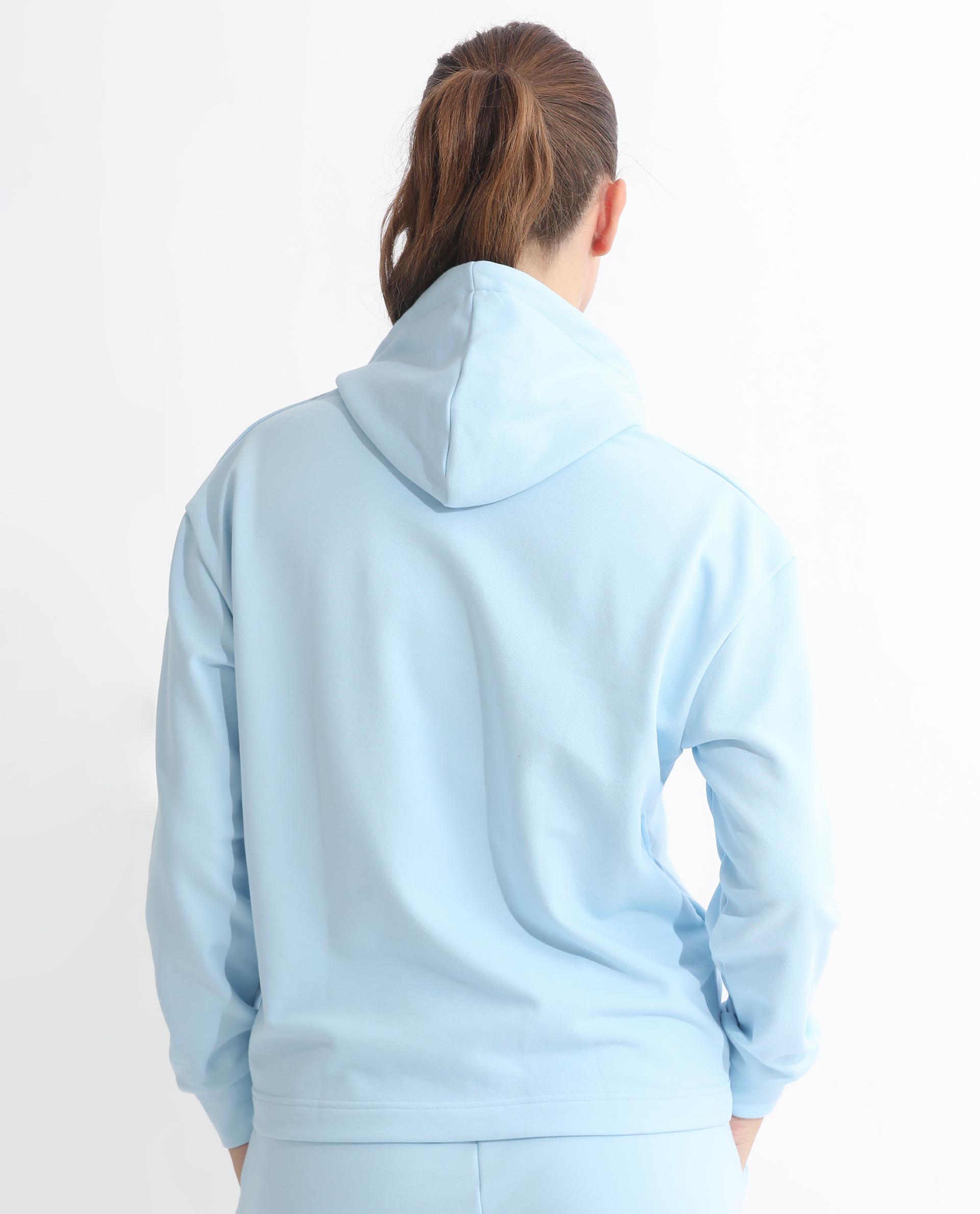 Rareism Women's Golder Light Blue Polyester Blend Hooded Embroidered Regular Fit Sweatshirt