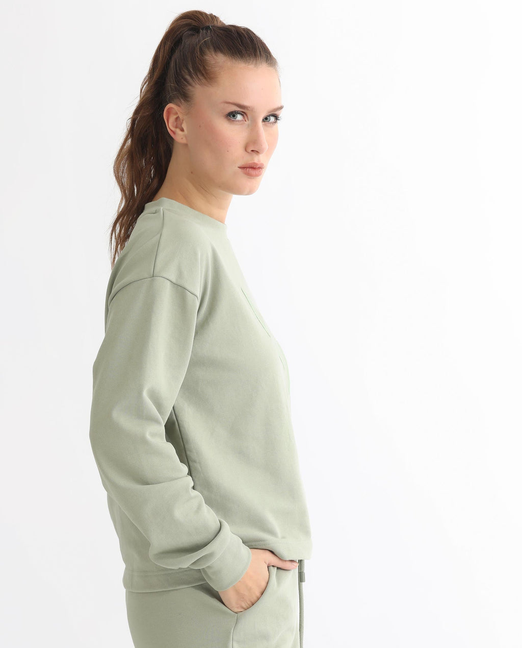 Rareism Women's Goldrage Dusky Green Polyester Blend Crew Neck Embroidered Regular Fit Sweatshirt