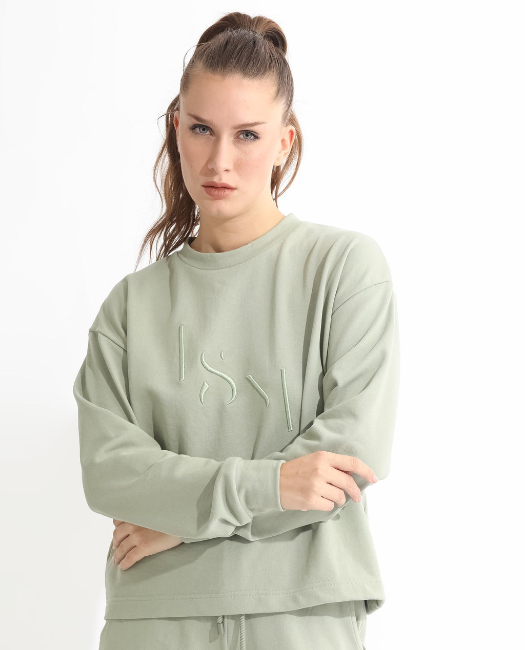 Rareism Women's Goldrage Dusky Green Polyester Blend Crew Neck Embroidered Regular Fit Sweatshirt