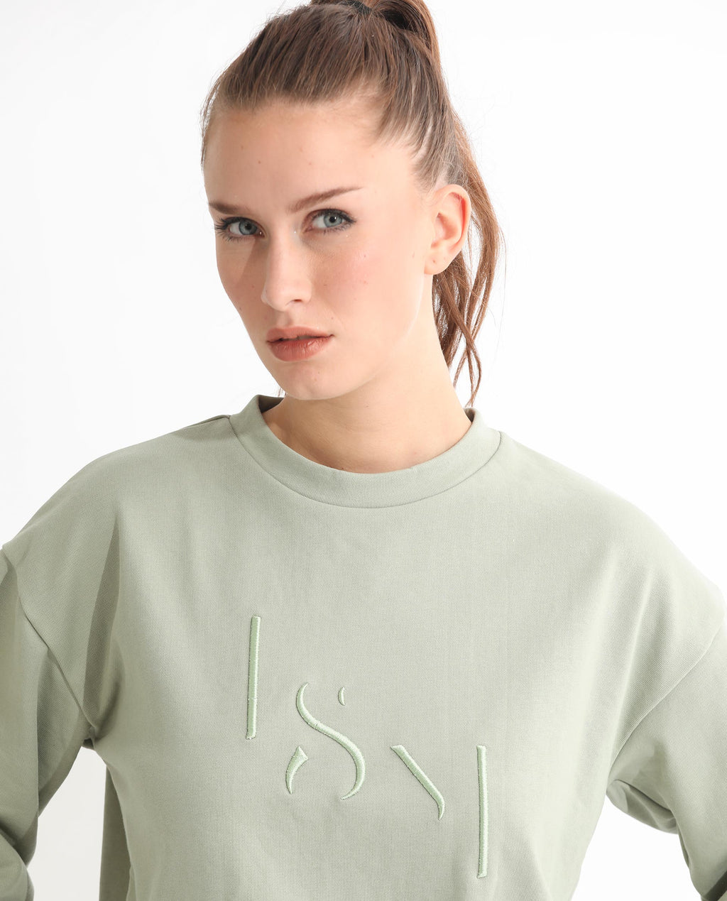 Rareism Women's Goldrage Dusky Green Polyester Blend Crew Neck Embroidered Regular Fit Sweatshirt