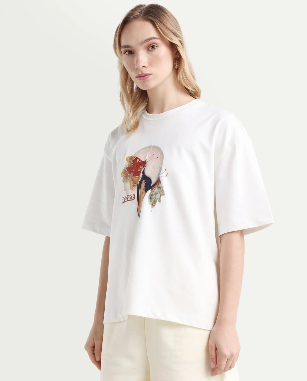 Rareism Women's Grail Off White Cotton Blend Crew Neck Graphic Print Oversized T-Shirt